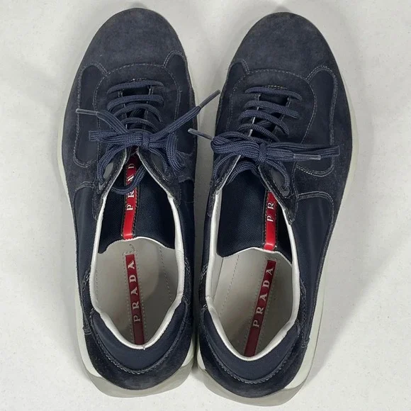 Prada Men's Dark Blue Suede Nylon Lace Up Sneakers Shoes Size 10